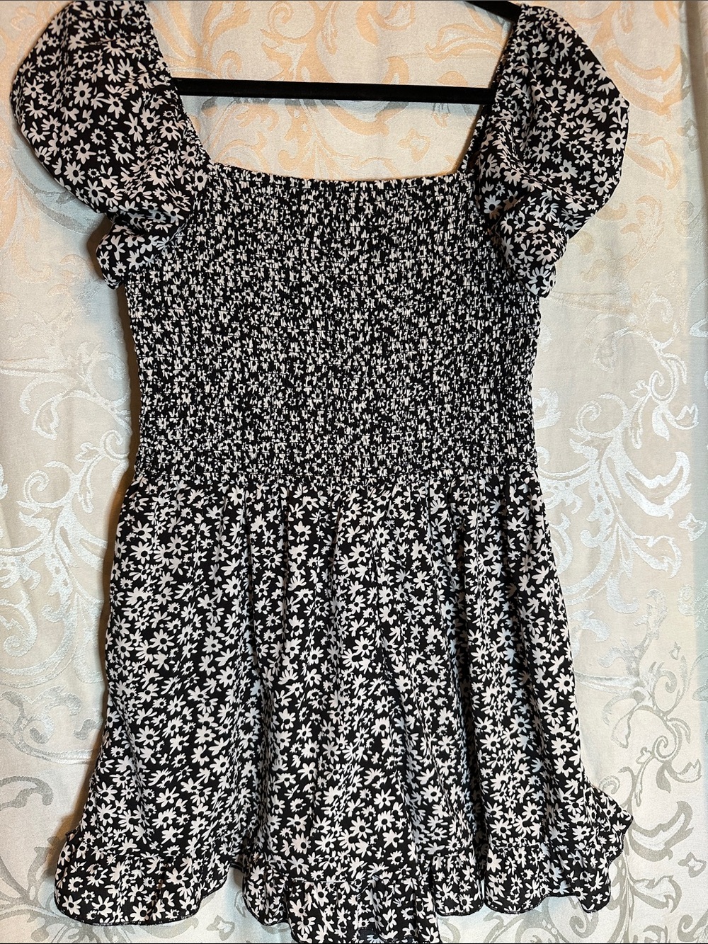 Black & White Floral Smocked Romper